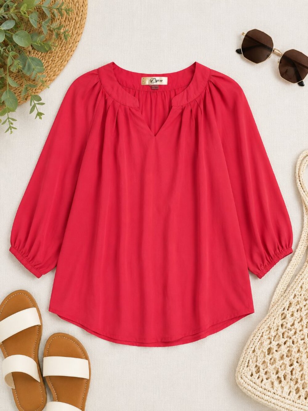 Ezra Coral Pink 3/4 Sleeve Blouse Size Large Flowy Split Neck Top